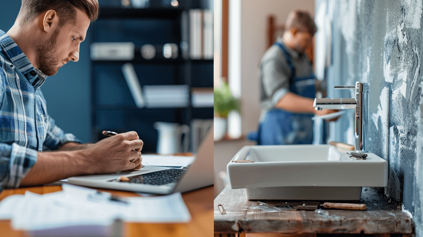 A split image of a property manager on the left doing paperwork and a property maintenance manager on the right doing manual work.